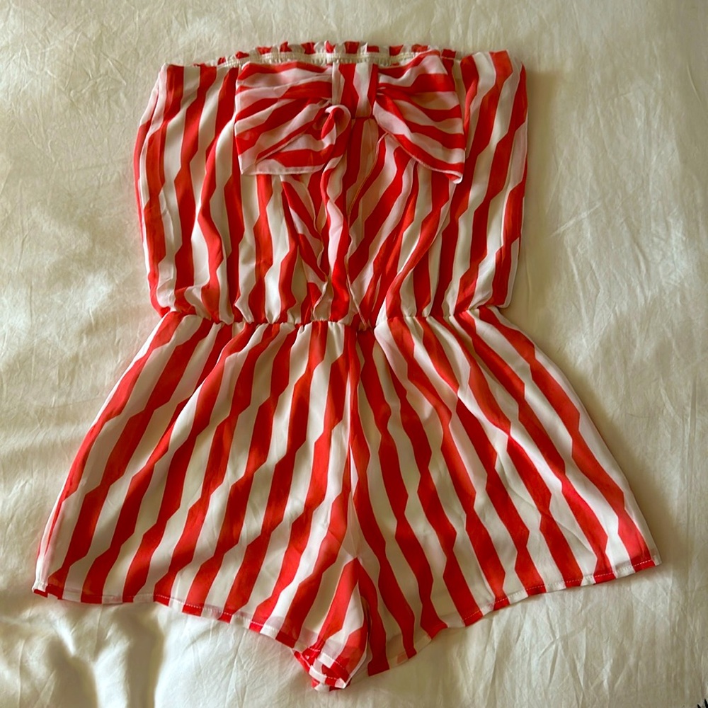 Pink & White Striped Strapless Romper